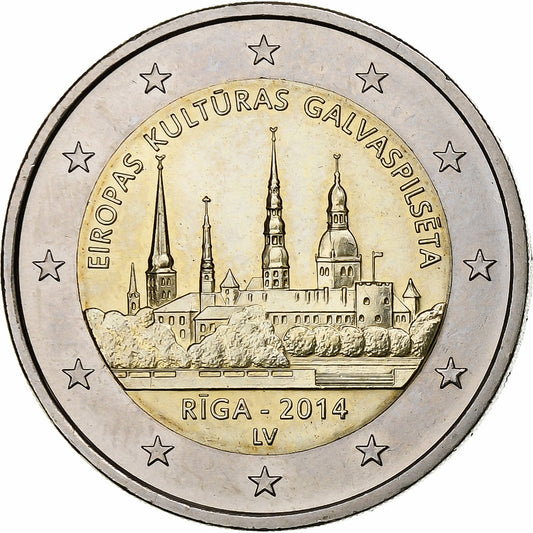 Lotyšsko, 
  
  2 eurá, 
  
  Riga – Európske hlavné mesto kultúry 2014