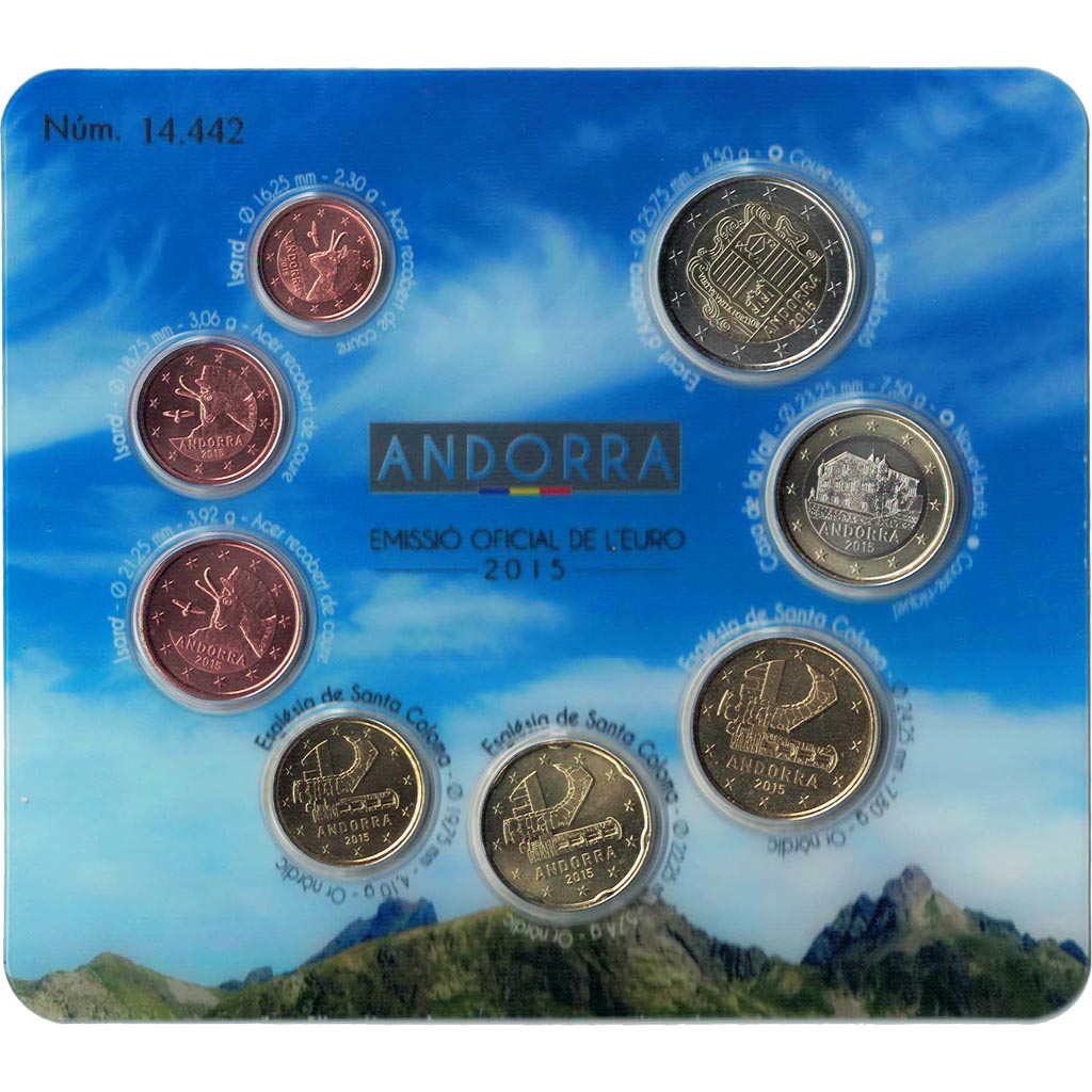 Andorra, 
  
  1 cent až 2 eurá, 
  
  2015