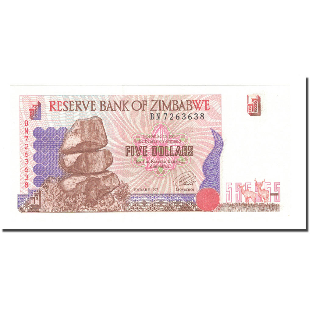 bankovka, 
  
  Zimbabwe, 
  
  5 dolárov