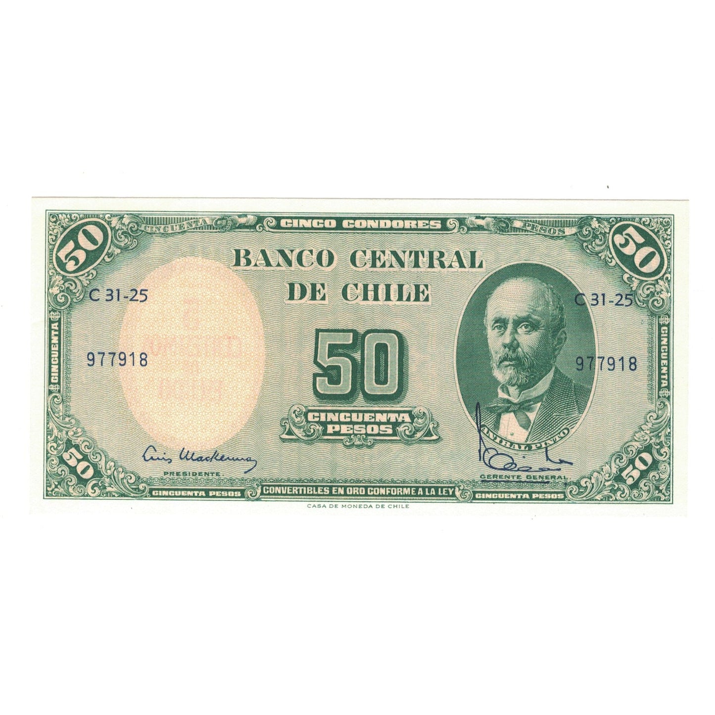 bankovka, 
  
  Čile, 
  
  5 centesimov za 50 pesos