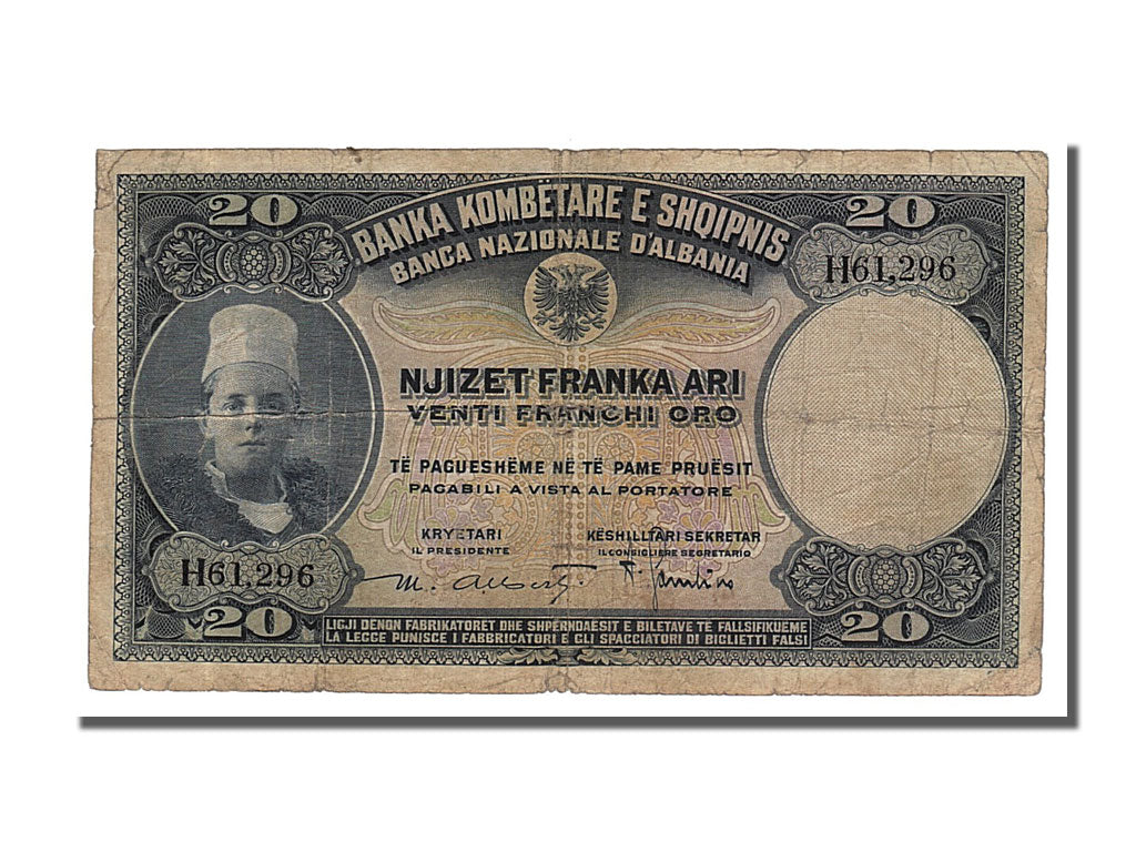 bankovka, 
  
  Albánsko, 
  
  20 Franka Ari