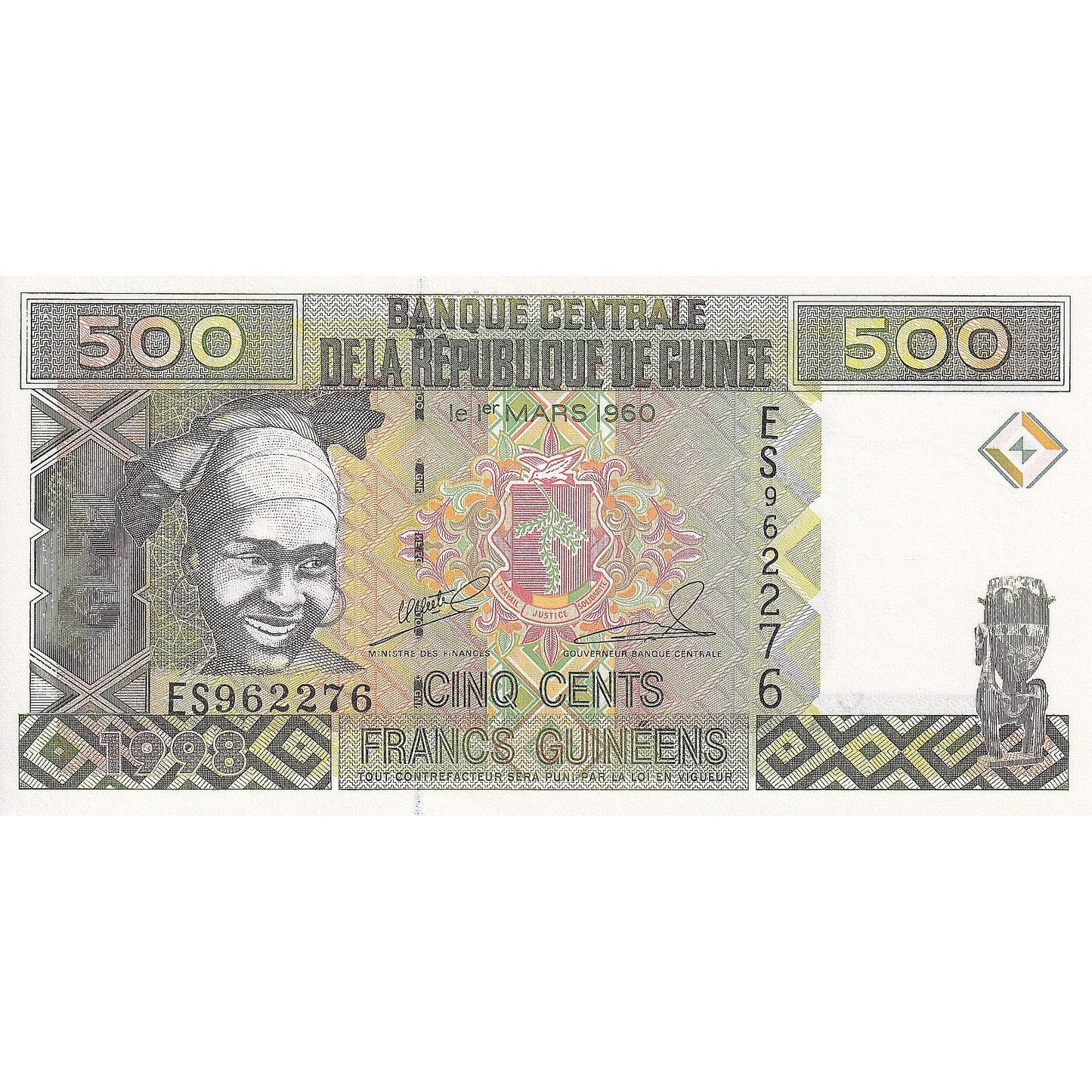 Guinea, 
  
  500 frankov, 
  
  1998