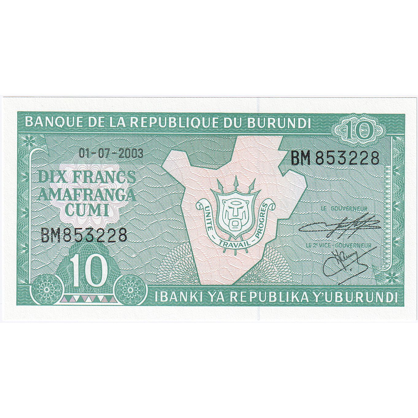 Burundi, 
  
  10 frankov, 
  
  2003