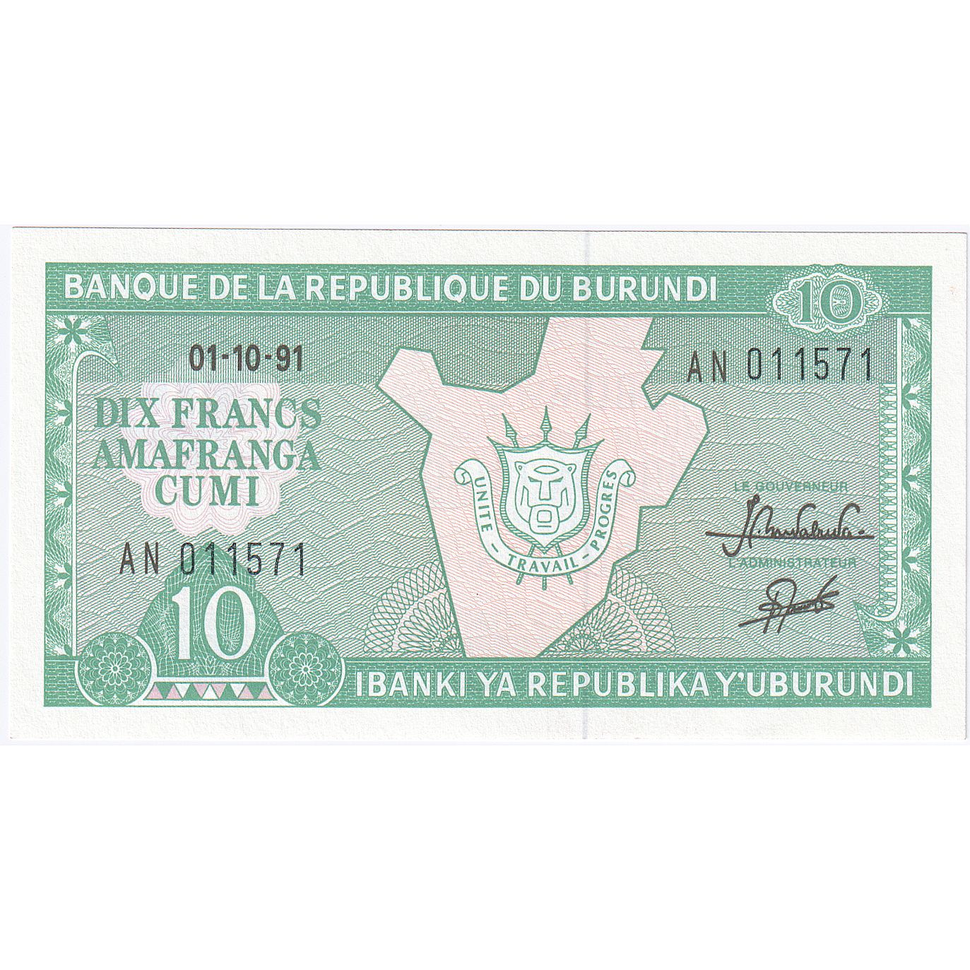 Burundi, 
  
  10 frankov, 
  
  1989-10-01