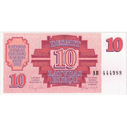 Lotyšsko, 
  
  10 rubľov, 
  
  1992