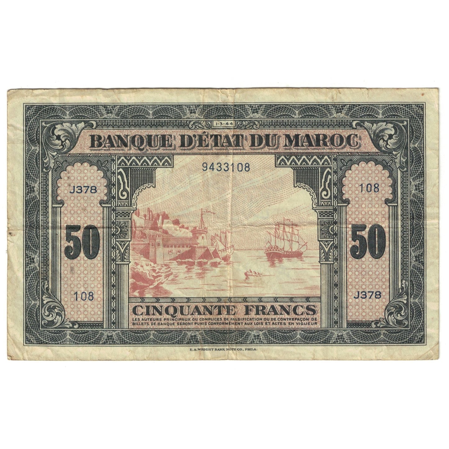 bankovka, 
  
  Maroko, 
  
  50 frankov