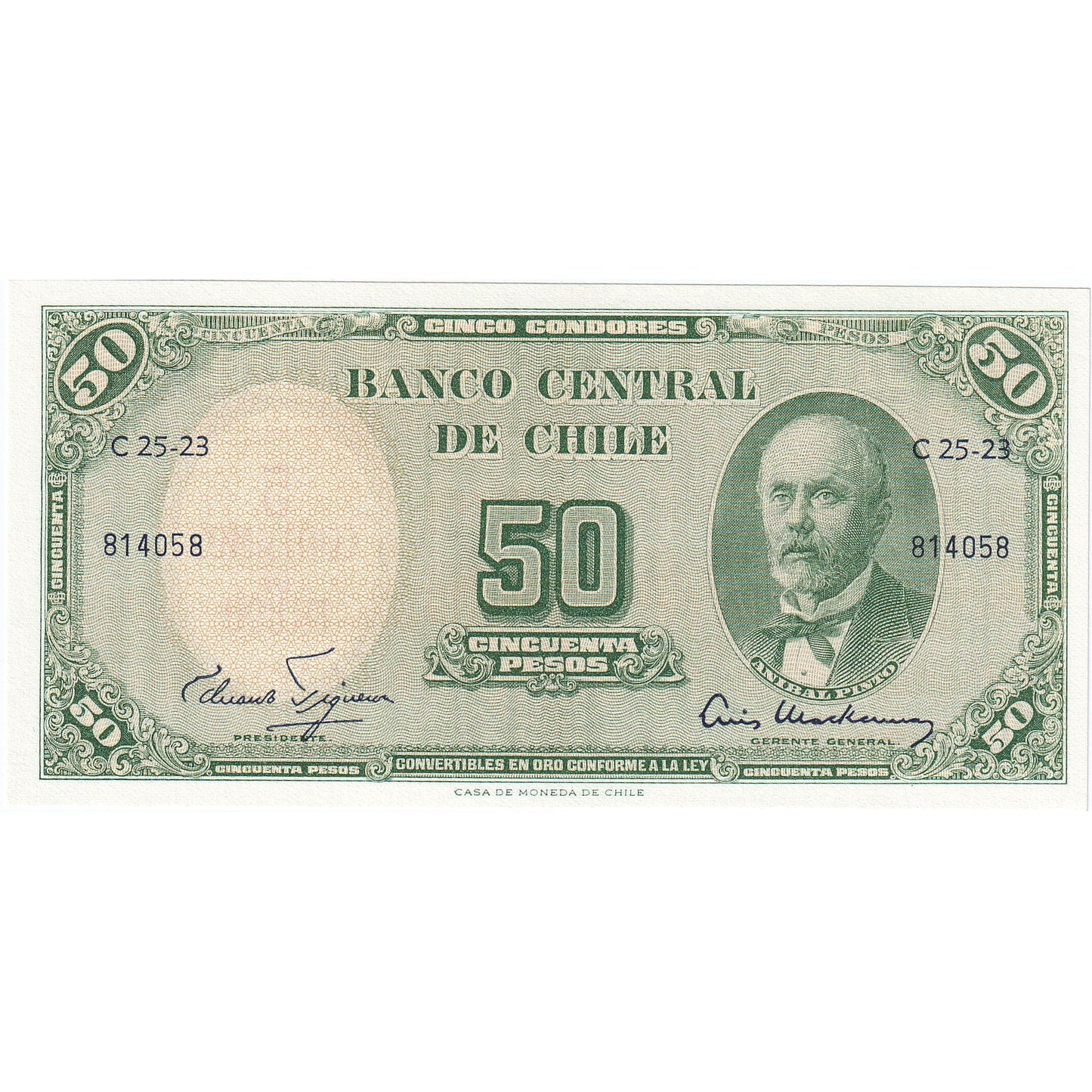 Čile, 
  
  5 centesimov za 50 pesos, 
  
  UNC(65-70)