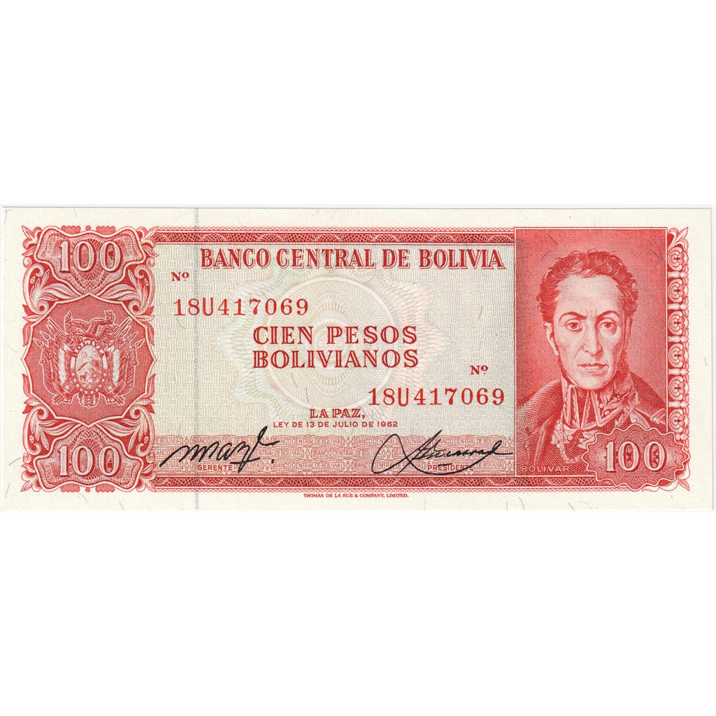 Bolívia, 
  
  100 pesos bolivianos, 
  
  1962