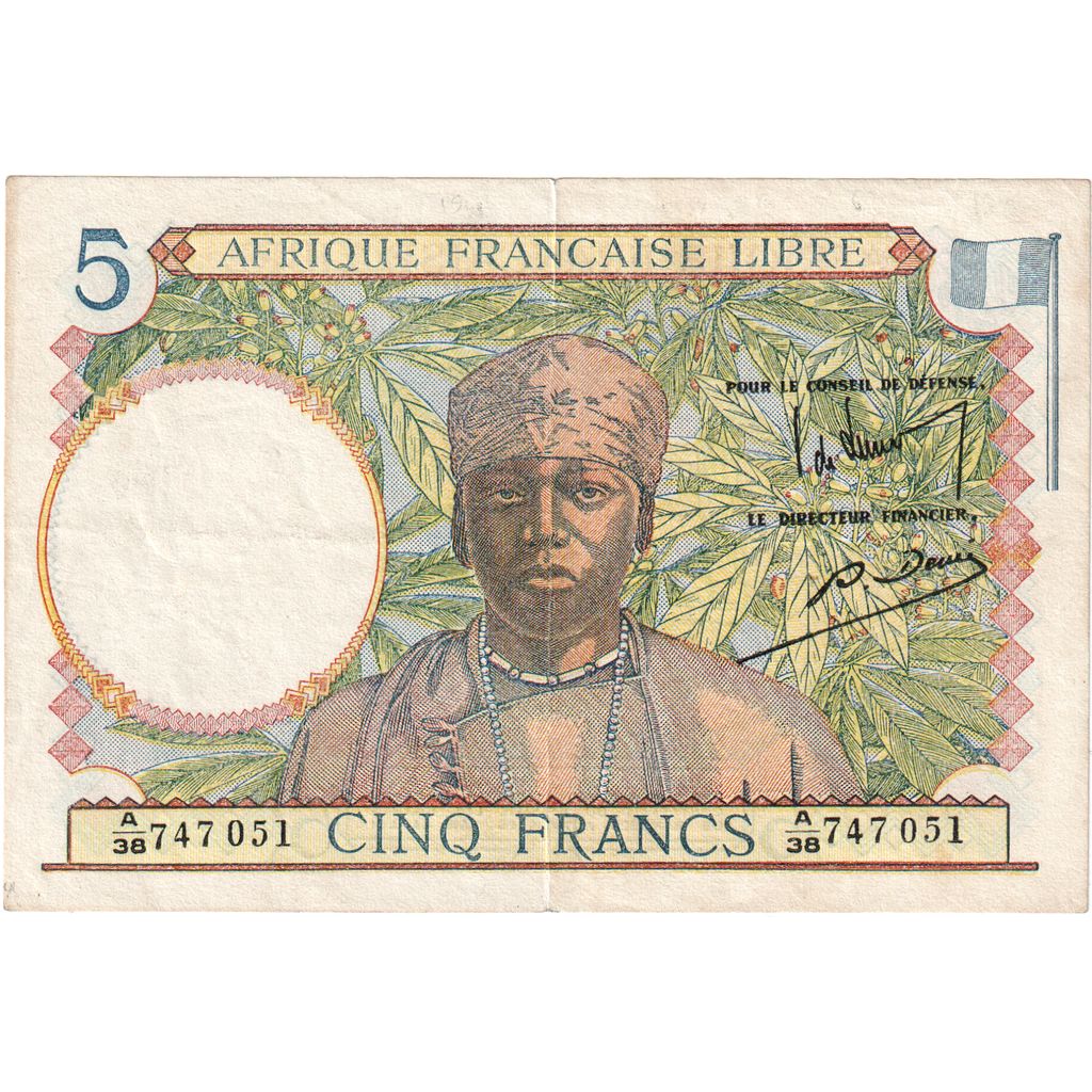 Francúzska Rovníková Afrika, 
  
  5 frankov, 
  
  Nedatované (1943)