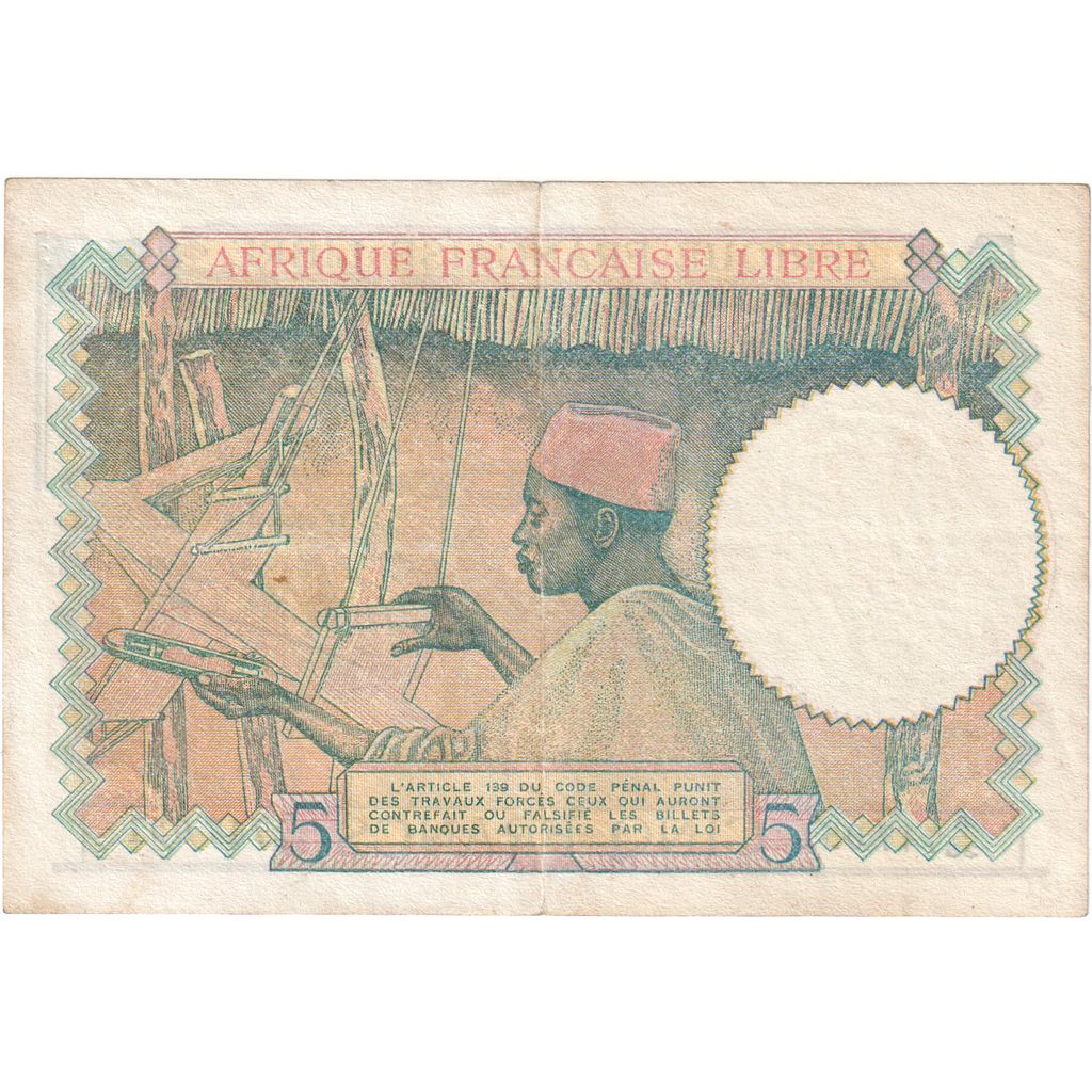 Francúzska Rovníková Afrika, 
  
  5 frankov, 
  
  Nedatované (1943)