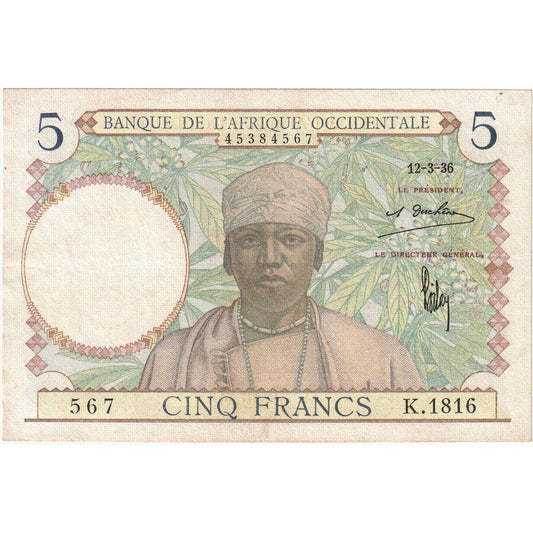 francúzska západná Afrika, 
  
  5 frankov, 
  
  1936