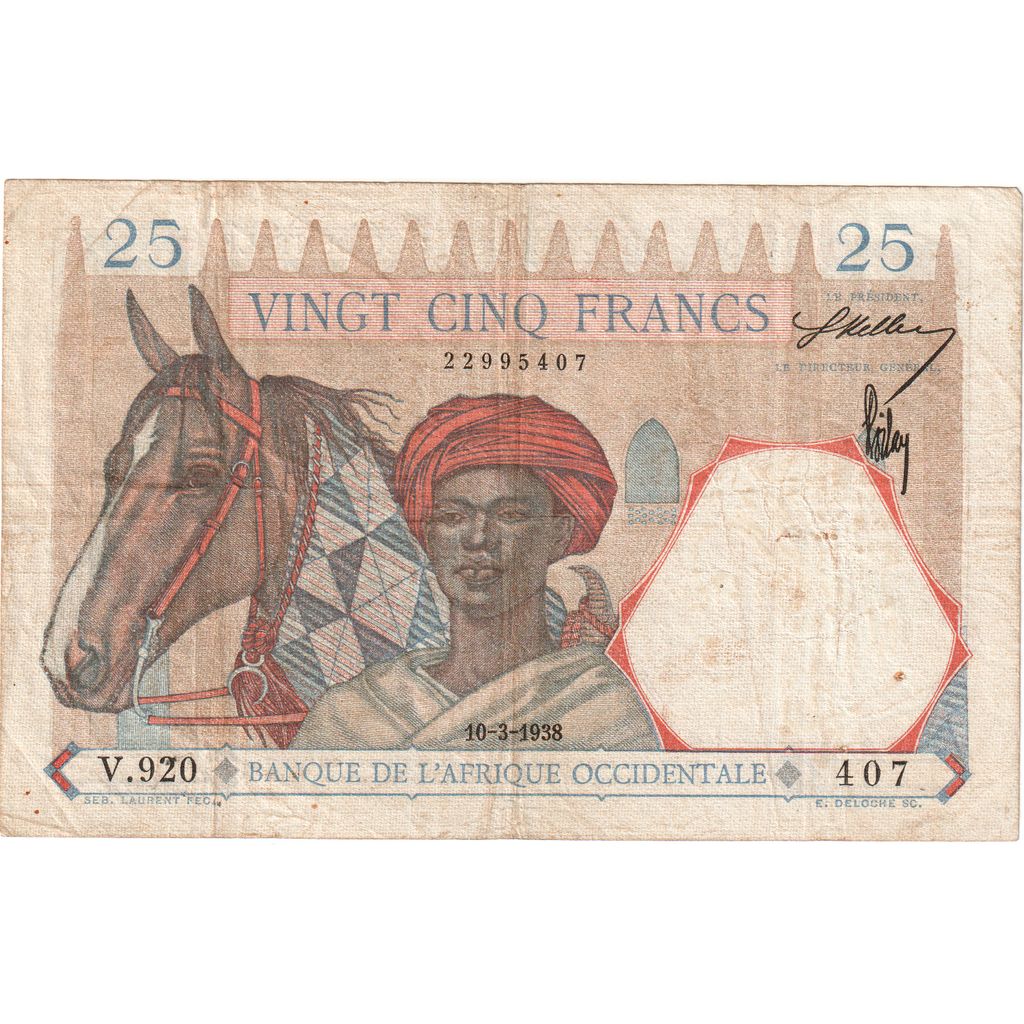 francúzska západná Afrika, 
  
  25 frankov, 
  
  1938