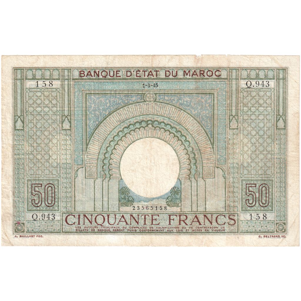 Maroko, 
  
  50 frankov, 
  
  1945