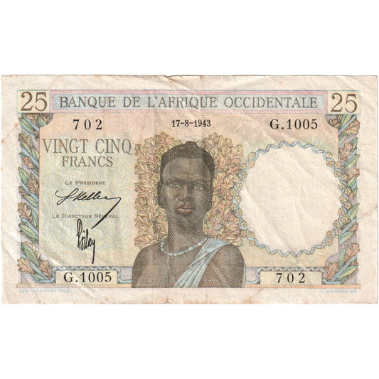 francúzska západná Afrika, 
  
  25 frankov, 
  
  1943-08-17