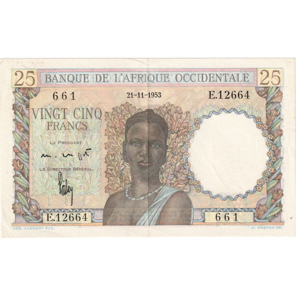 francúzska západná Afrika, 
  
  25 frankov, 
  
  1953-11-21